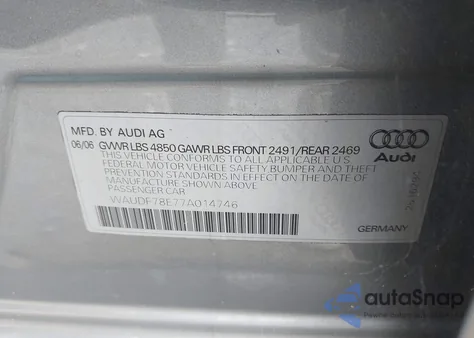 2007 Audi A4 2.0T from USA, damaged, VIN WAUDF78E77A014746